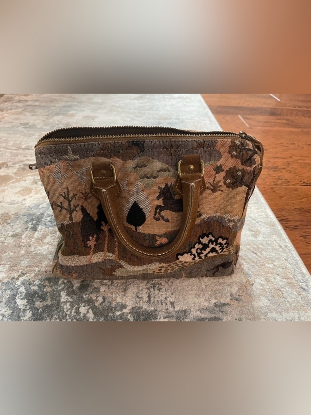 Vintage French Luggage Co Countryside Unicorn Suede Tapestry Top Handle Bag